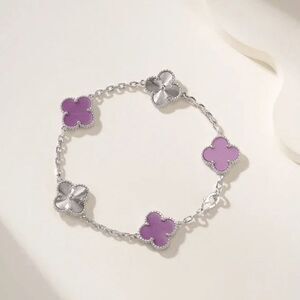 Authentic Van Cleef & Arpels Lilac Alhambra Clover Bracelet in White Metal 19cm